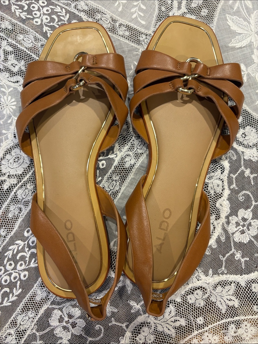 ALDO Tan/Brown Leather Slingback Sandals with Gold Accent